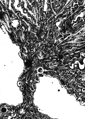 Vertikální abstraktní perokresba, která působí jako exploze neznámé hmoty. Černobílá.