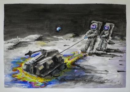 Astronauti na měsíci vytahují průzkumné vozítko z barevného tekutého písku