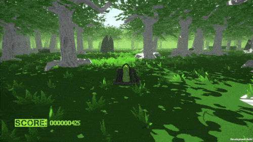 animovaný screenshot ze hry kde lze vidět píďalku surfující na desce zkrze les
